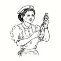 Nurse getting ready to inject, getting vaccine from bottle vial. Ink black and white drawing.